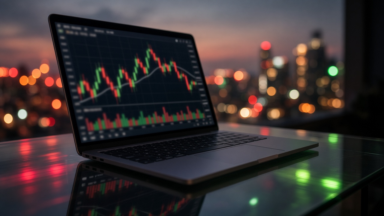 Computador con un gráfico de mercado al atardecer